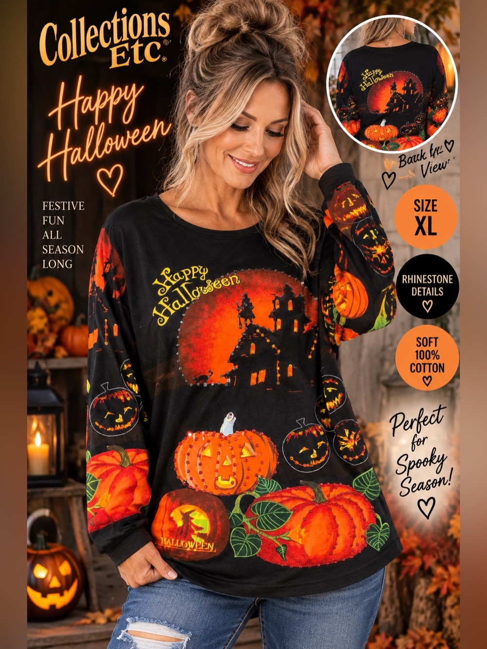 Collections Etc Happy Halloween Pumpkin Haunted House Top XL Rhinestone Bling
